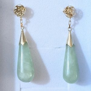 14k Solid Gold Jade Teardrop Earrings